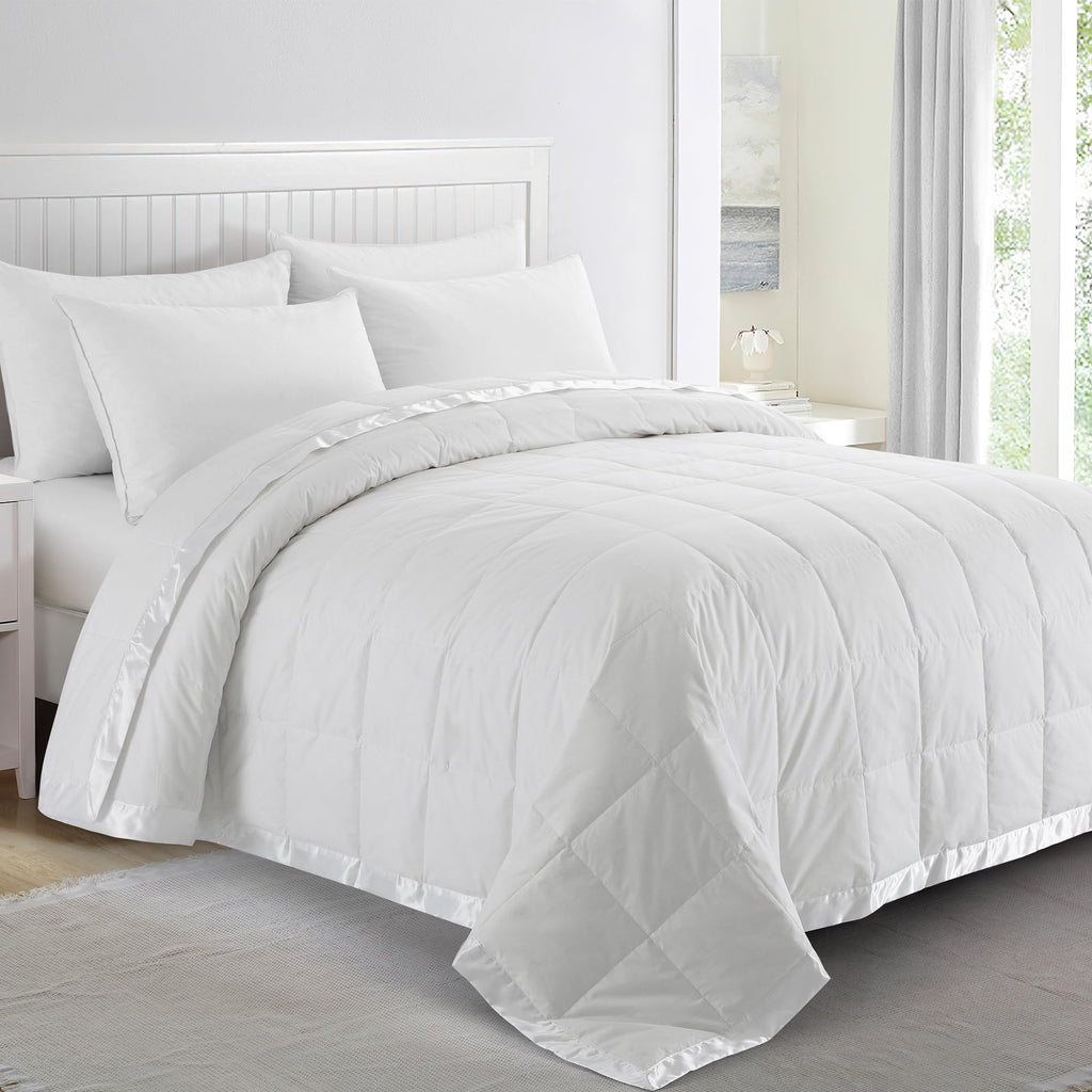 puredown® Blankets Queen Size - Soft Lightweight Down Blanket for Bed, Cozy Warm Luxury Bed Blanket with Satin Trim, White (90"X90")