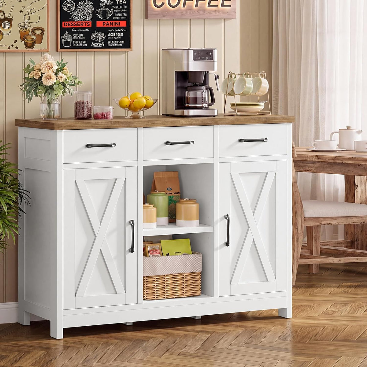 TEENFON Storage Cabinet, Coffee Bar Cabinet with 3 Drawers, 2 Adjustable Shelves & 2 Doors, Buffet Cabinet, Kitchen Cabinet for Kitchen, Dining Room, Living Room, White