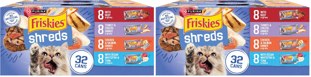 Friskies Purina Wet Cat Food Variety Pack, Shreds with Beef, Turkey & Cheese Dinner, Chicken & Salmon Dinner, and with Ocean Whitefish and Tuna - 5.5 oz. Cans (Pack of 80)