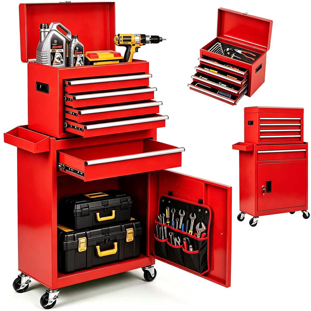 5-Drawer Rolling Tool Box with Lockable Wheels, Tool Chest with Detachable Tool Box, 4 Hooks, and Liner, Heavy-Duty Metal Tool Cart for Garage and Workshop Storage, Black