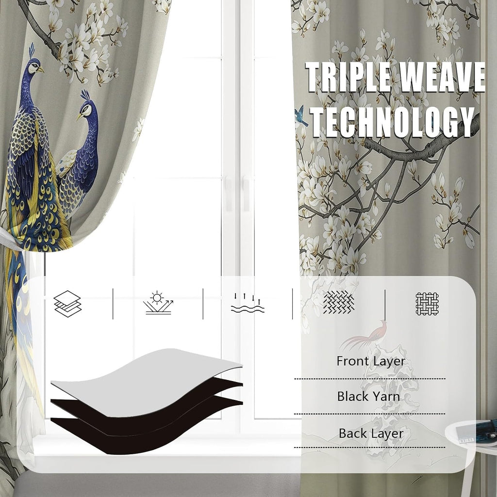 Peacock Curtains 96 Inches Long, Oriental Floral Animal Blackout Curtain