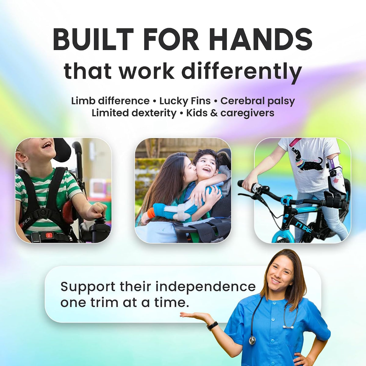 ClipDifferent Nail Clipper Combo: One-Handed Nail Clipper + Electric Nail Clipper & POD Adaptive Base for Child – Limb Difference, Lucky Fins, Cerebral Palsy, Limited Dexterity – Safety Slot