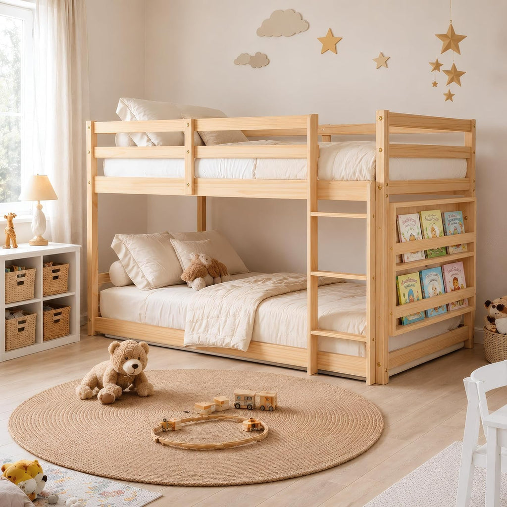 TOLEAD Low Bunk Bed Twin Over Twin, Floor Bunk Bed with Bookshelf&Ladder, Twin Bunk Bed with Full Guardrails, Wooden Bunk Bed for Juniors, Boys, Girls, Kids, Bedrooms (Natural)