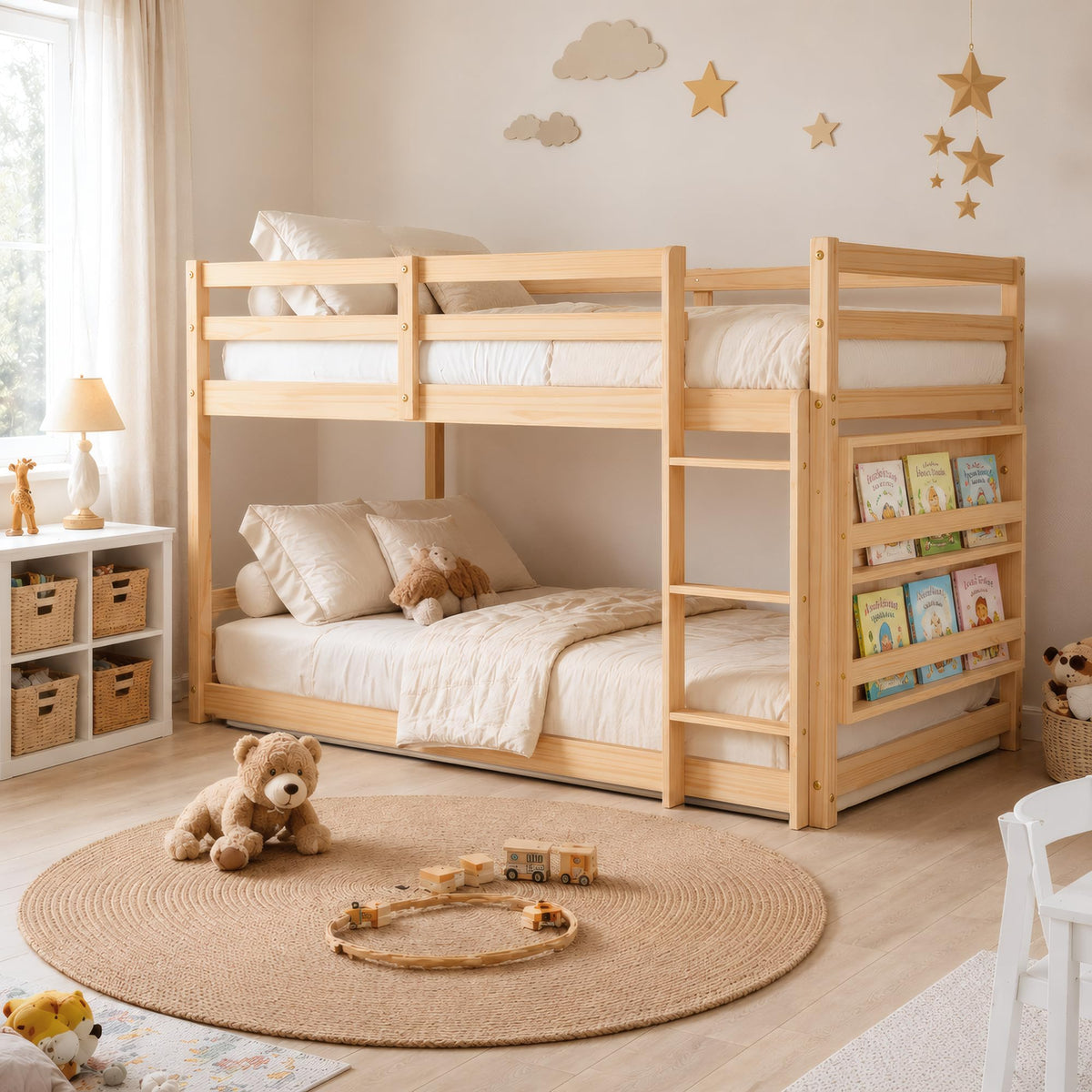 TOLEAD Low Bunk Bed Twin Over Twin, Floor Bunk Bed with Bookshelf&Ladder, Twin Bunk Bed with Full Guardrails, Wooden Bunk Bed for Juniors, Boys, Girls, Kids, Bedrooms (Natural)