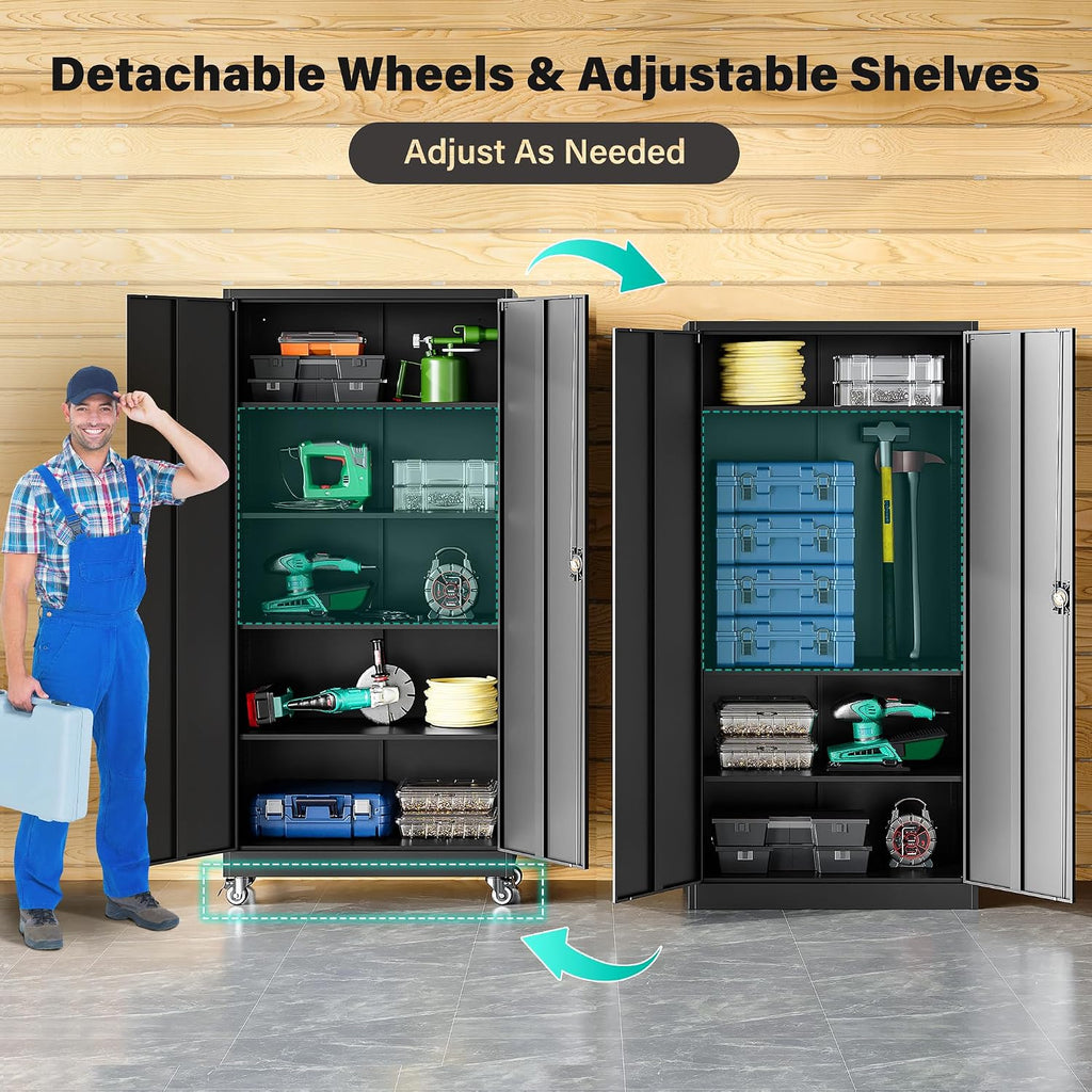 SISESOL 75" Tall Metal Storage Cabinet with Wheels,Rolling Garage Storage Cabinet with Lock,Black Metal Cabinets with Wheels and Shelves,Deep Heavy Duty Tool Locker for Garage,Home,Office,Shop