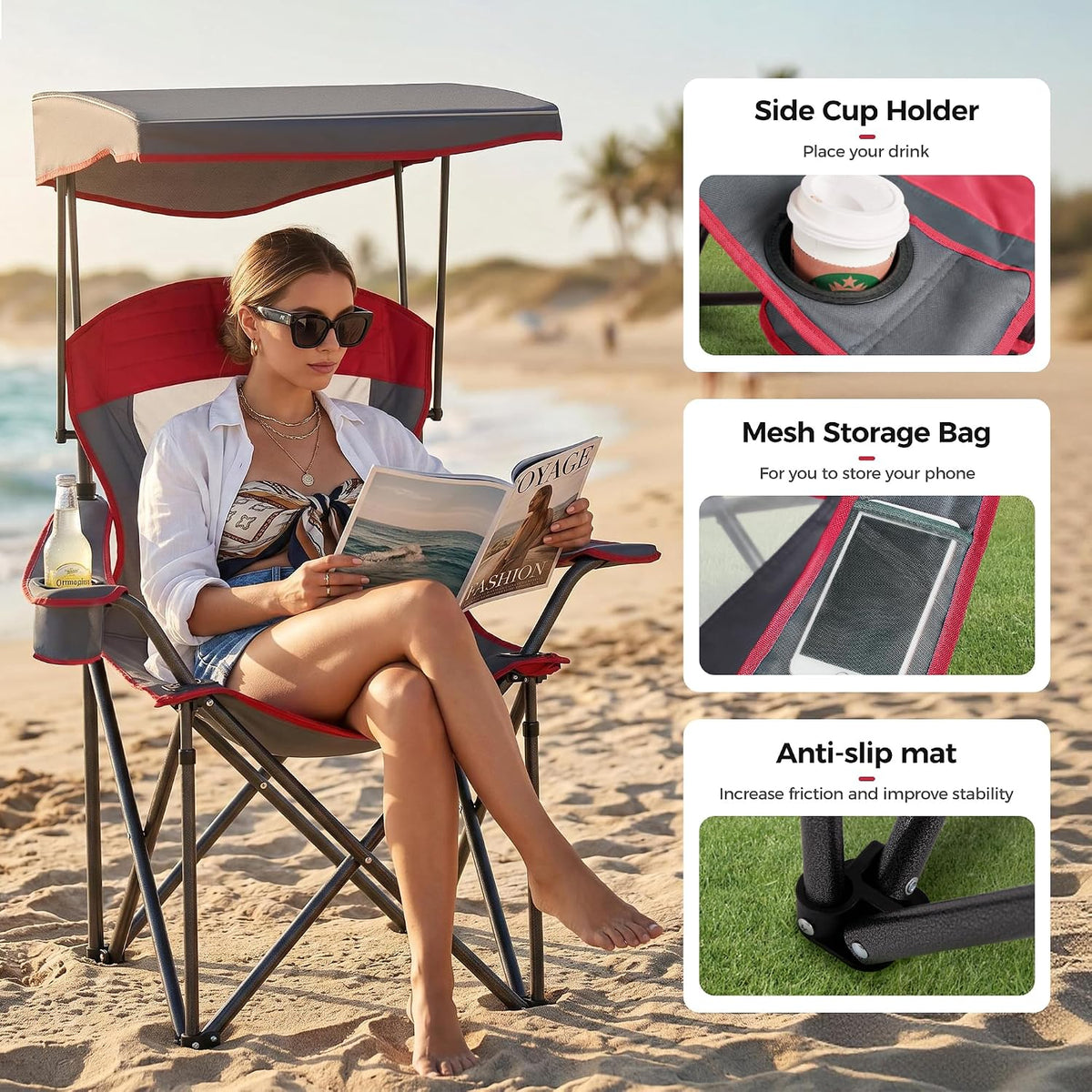 ALPHA CAMP Heavy Duty Canopy Camping Chairs with Adjustable Sunshade,2PC