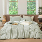 MooMee Striped Duvet Cover Set 100% Washed Cotton Linen Like Queen