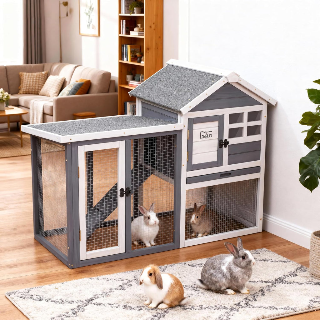 GEGURI Wooden Rabbit Hutch, Indoor Outdoor Chicken Coop Bunny Cage with Waterproof Roof