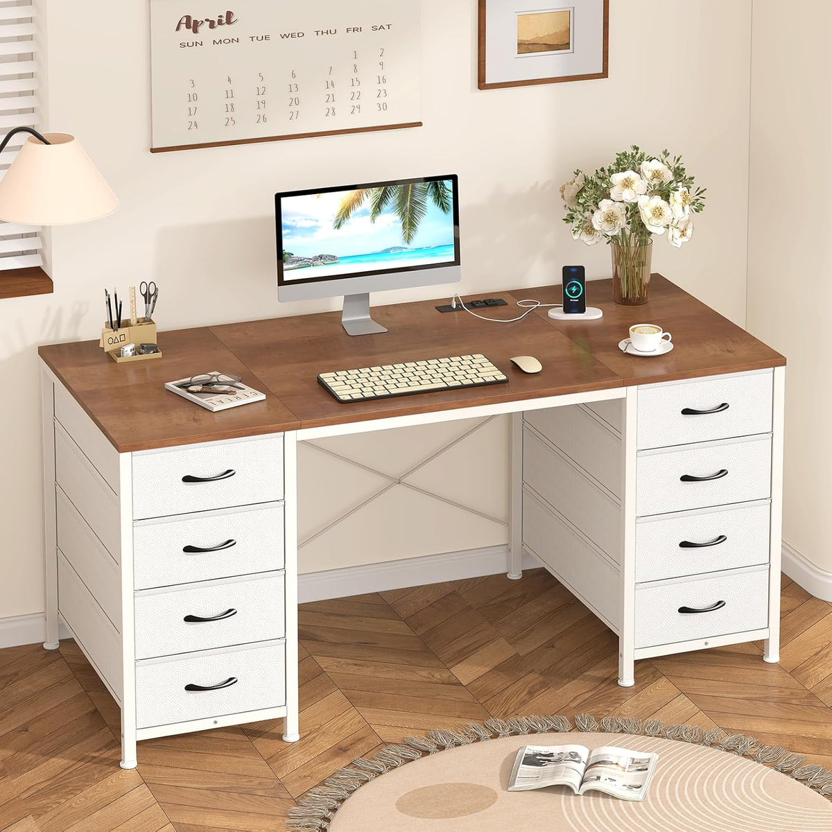 50 Inch Computer Desk with 8 Drawers for Home Office, Bedroom, Living Room
