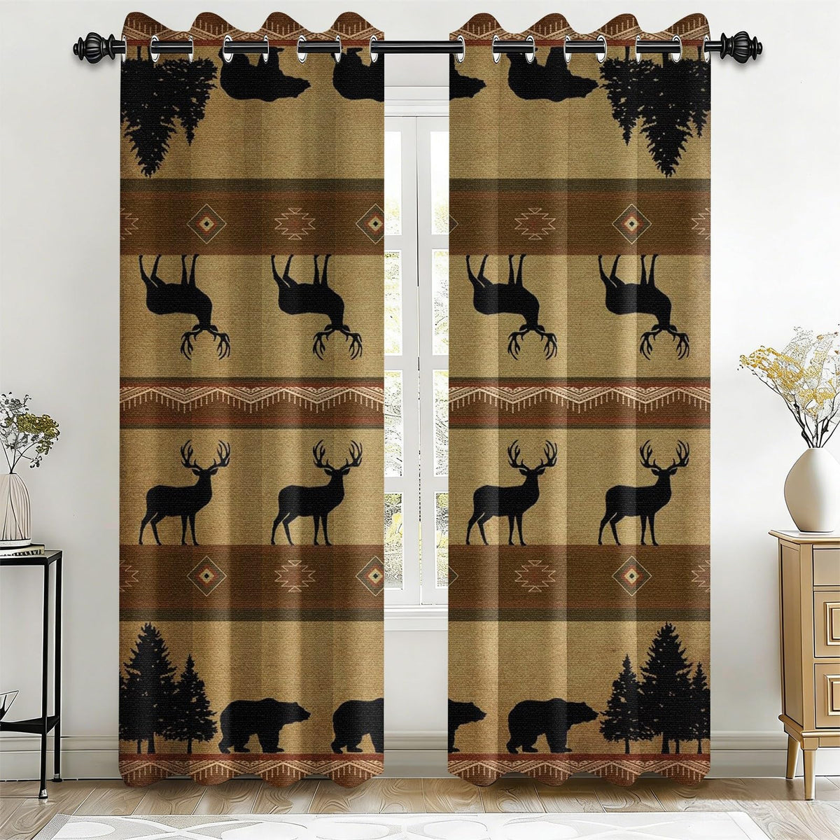 Rustic Woodland Blackout Curtains 108 Inch Long 2 Panels, Buffalo Plaid Patchwork Wildlife Bear Deer Silhouette Pine Grommet Drapes, Thermal Insulated Window Treatments for Living Room