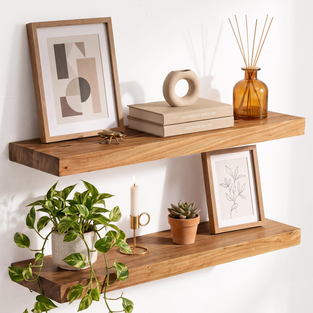 Live Edge Elm Floating Shelves - 24 In Rustic Solid Wood Shelves with Heavy-Duty Invisible Bracket, Wall-Mounted Wooden Shelf for Living Room, Bathroom, Kitchen Storage & Display, Set of 2, Natural