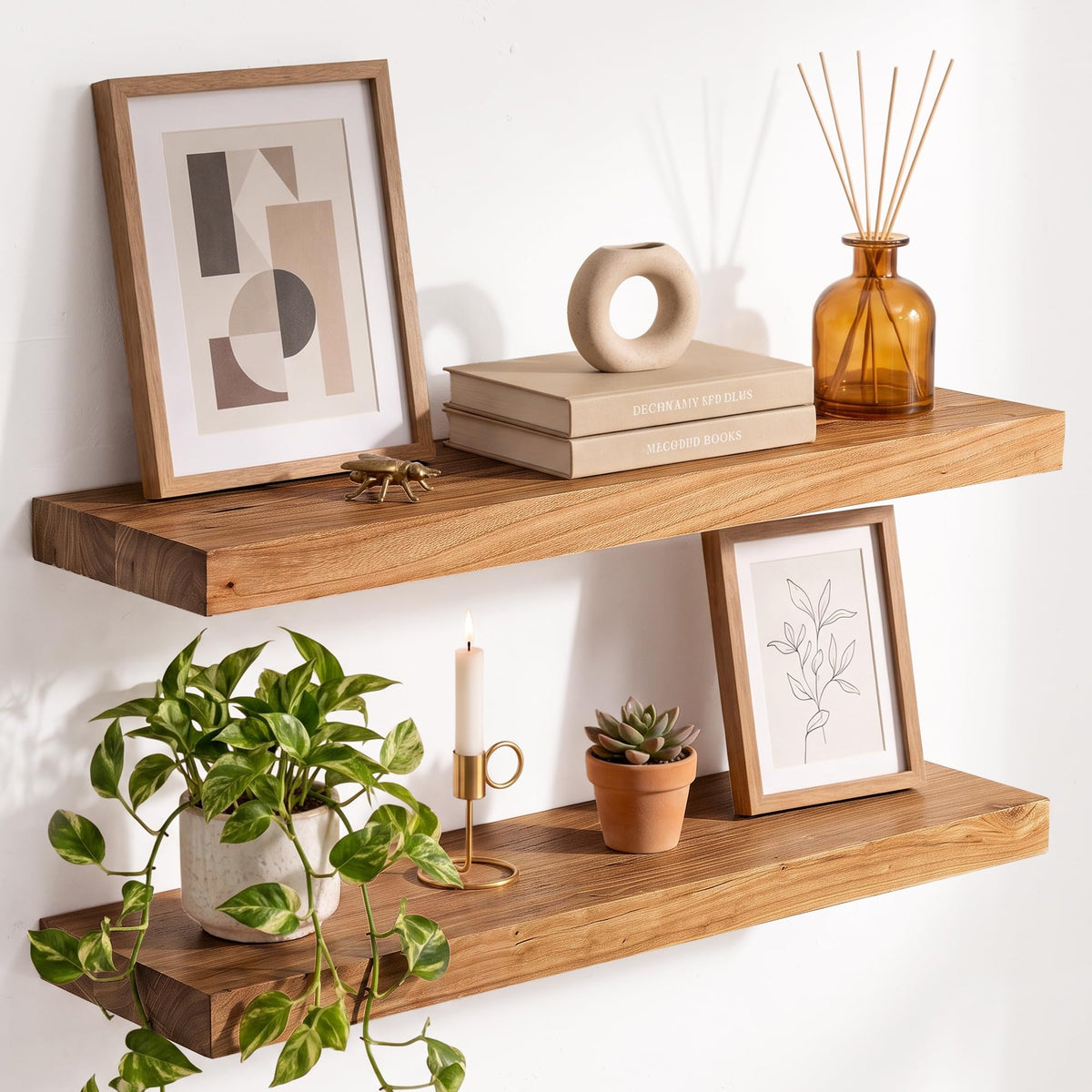 Live Edge Elm Floating Shelves - 24 In Rustic Solid Wood Shelves with Heavy-Duty Invisible Bracket, Wall-Mounted Wooden Shelf for Living Room, Bathroom, Kitchen Storage & Display, Set of 2, Natural