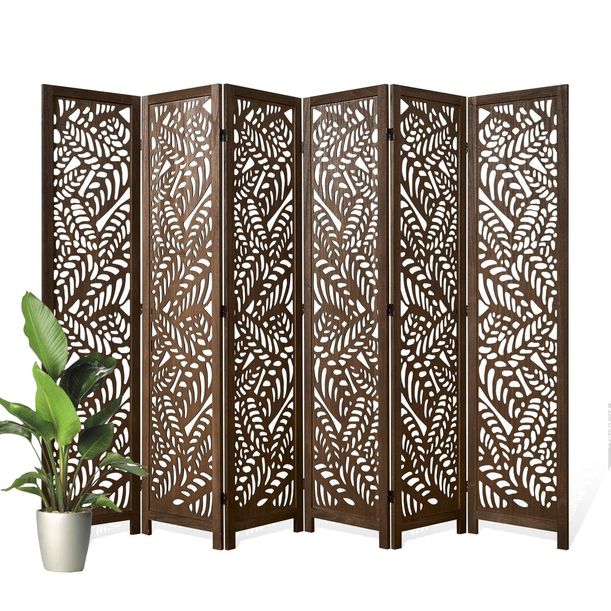 Leaf-Carved Room Divider Privacy Screen - 67 Inch Tall Foading Decorative Wood Screen Dividers Panel for Home - Natural Wood Room Partitions for Enhanced Privacy and Style Natural 4 Paned