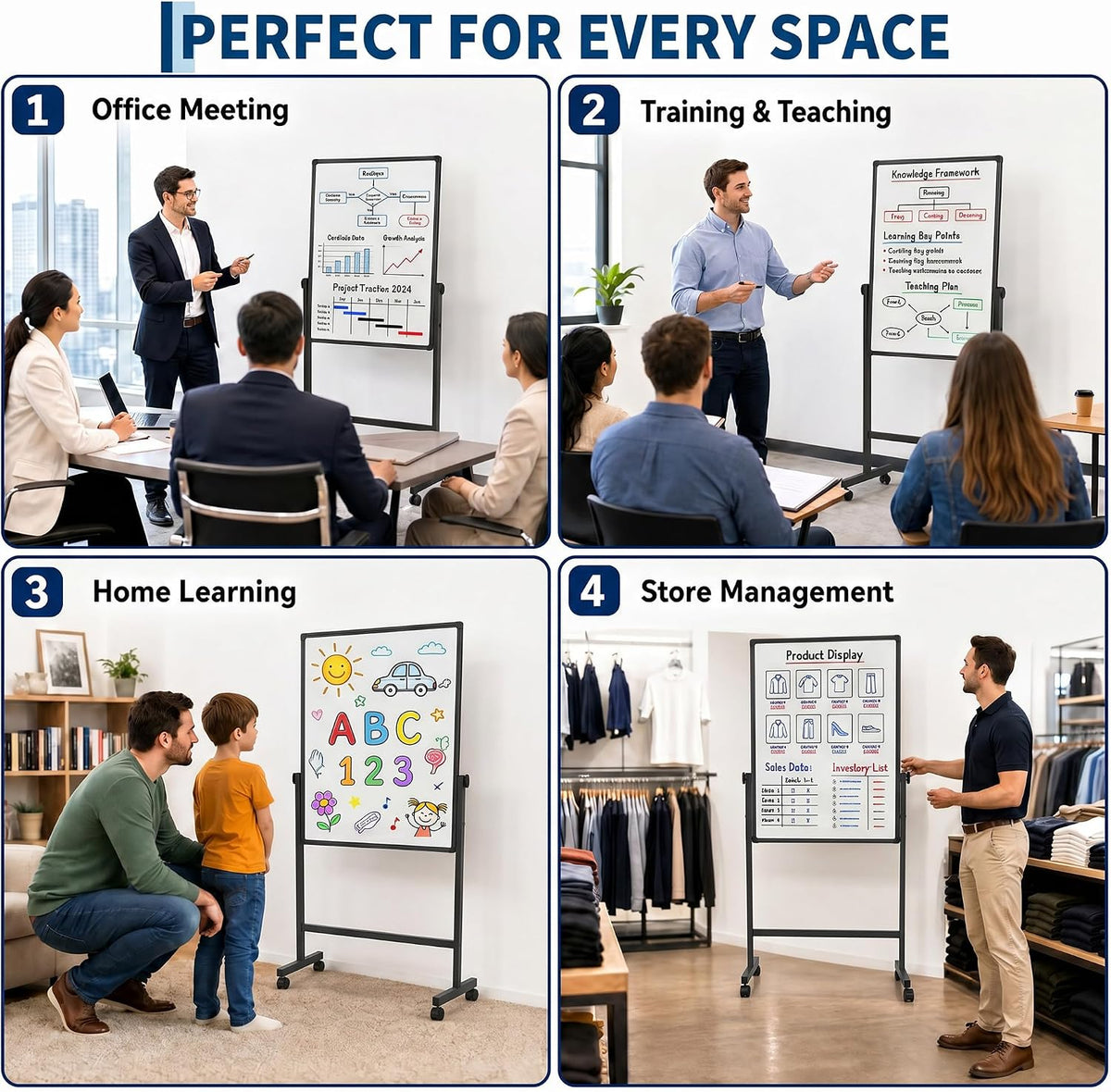 Double-Sided Magnetic Dry Erase Rolling Whiteboard on Wheels