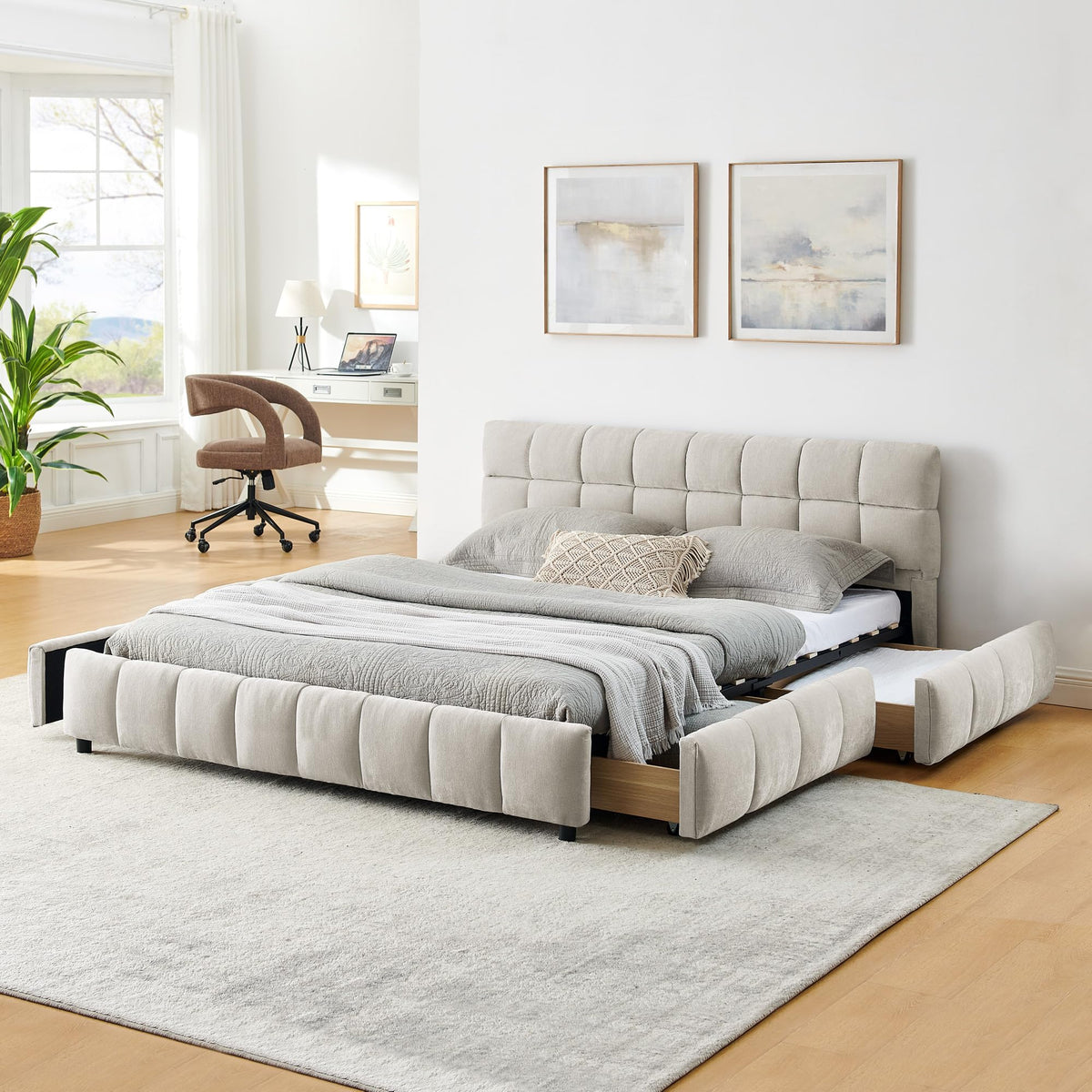 Grounded Bed Upholstered Platform Bed with Unique Design Thick Fabric Headboard, Wood Platform Bed Frame for Kids Adults Bedroom Furniture, Upholstered Floor Bed (Beige-11, Queen)