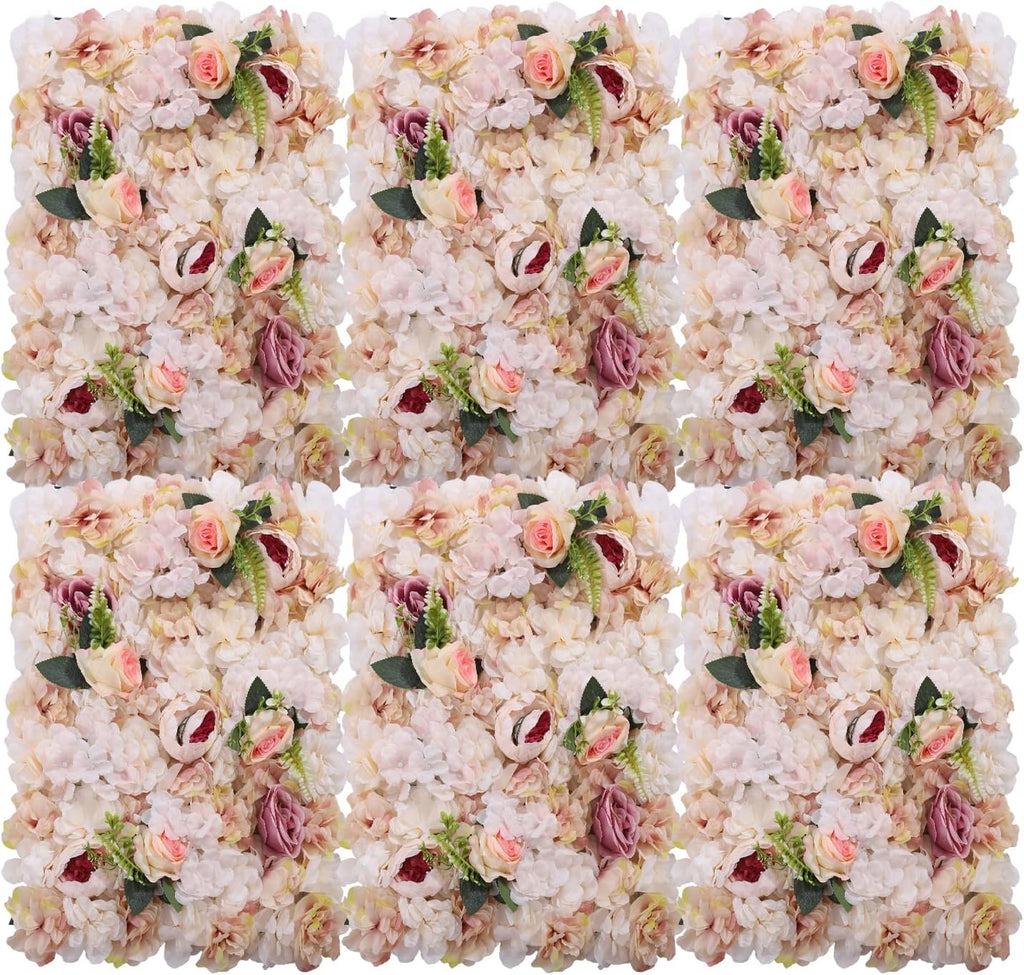 Pink Yellow Flower Wall Panels, Artificial Peony Rose Backdrop, 6Pcs 3D Silk Floral Panels for Wedding Decor, Party Background, Home Wall Decoration (40x60cm)