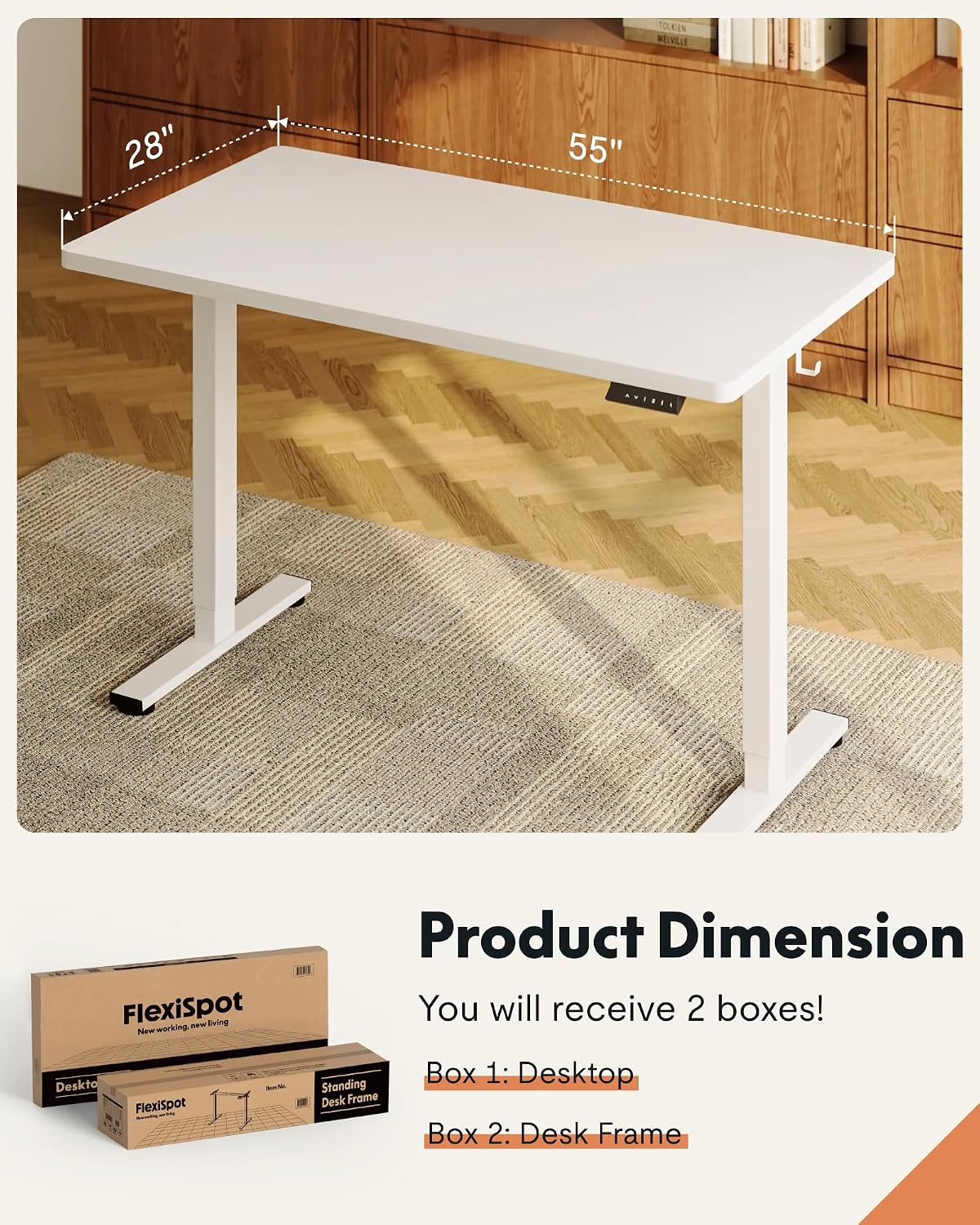 FLEXISPOT EN1 One-Piece Standing Desk, Electric Adjustable with 4 Memory Presets, 176 LBS Capacity, Stable & Quiet, Seamless Desktop for Home Office & Dual Monitors, 55"x28" White(White Frame)