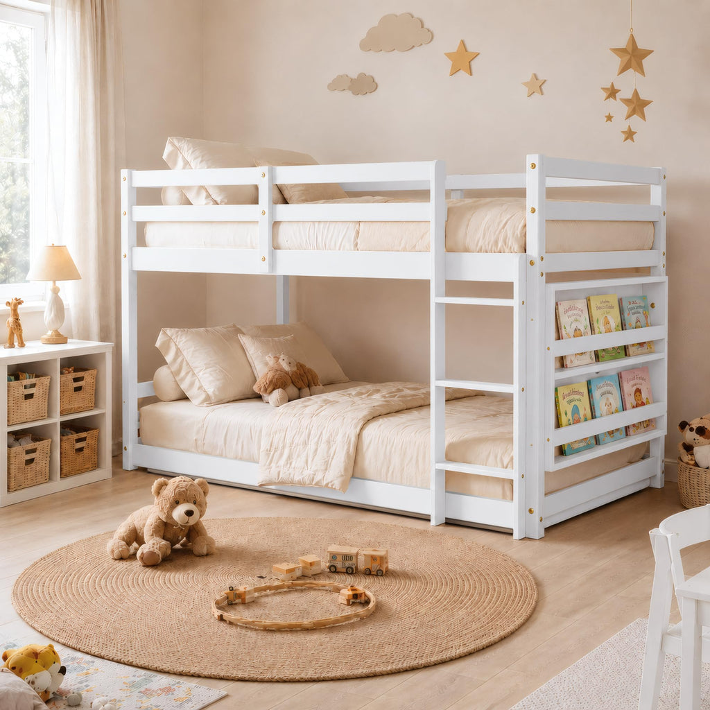 TOLEAD Low Bunk Bed Twin Over Twin, Floor Bunk Bed with Bookshelf&Ladder, Twin Bunk Bed with Full Guardrails, Wooden Bunk Bed for Juniors, Boys, Girls, Kids, Bedrooms (Natural)
