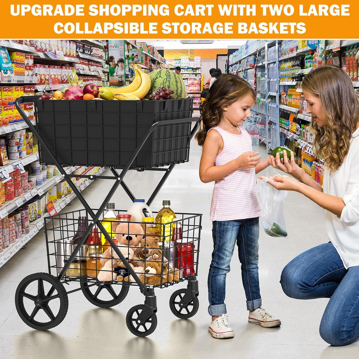 2-Tier Collapsible 400Lbs Heavy Duty Shopping Cart for Groceries