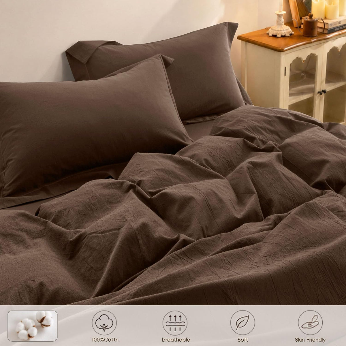 Duvet Cover Set Washed Cotton Embroidered Hem King 3‑Pcs