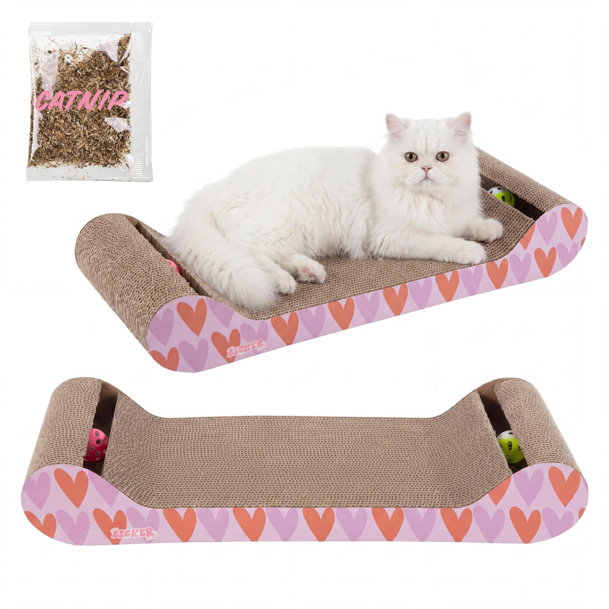 Rini 23.75" Modern Cardboard Cat Scratcher Lounge Bed with Built-in Bell Toys and Catnip, Ergonomic Curved Sofa Design, Oak Wood Finish, Set of 2 CSR1003C-SET2