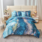 PERFEMET 6 Piece Teal King Size Comforter Set Watercolor Marble Bedding Set