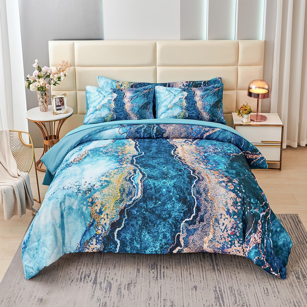 PERFEMET 6 Piece Teal King Size Comforter Set Watercolor Marble Bedding Set
