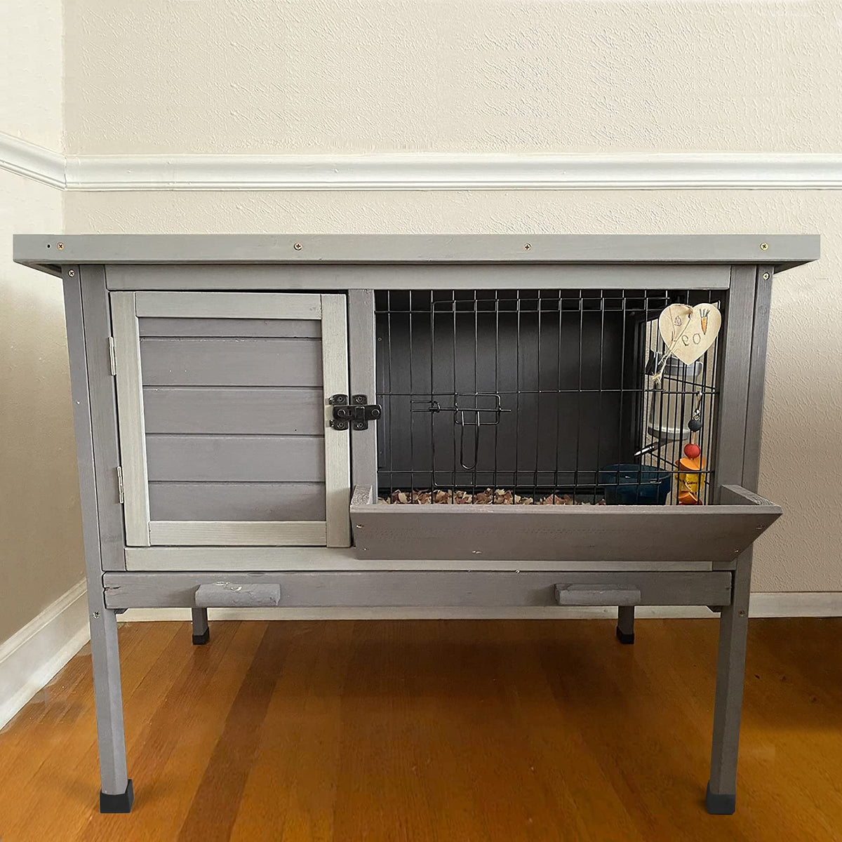 Bunny Cage Indoor and Outdoor Rabbit Hutch with Casters Waterproof Roof, Pull Out Tray from Back and Front 61.2" L x 22.6" W x 33.5" H
