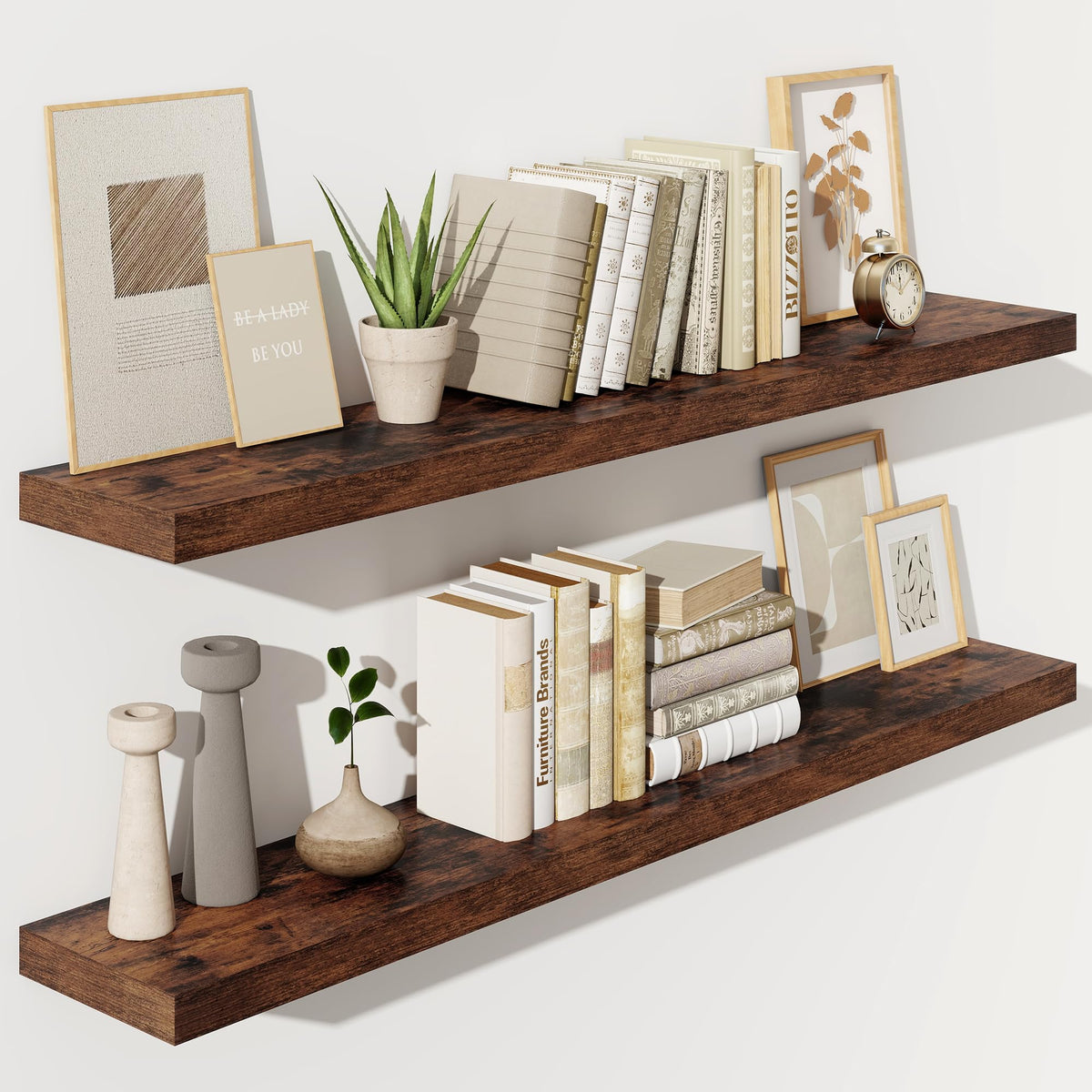 Fun Memories Floating Shelves - 2 Pack 12 Inch Rustic Wooden Wall Shelves - Extra Deeper & Thicker Wall Mounted Storage Shelf for Living Room, Kitchen, Farmhouse - 36" W x 12" D x 1.8" H - Brown