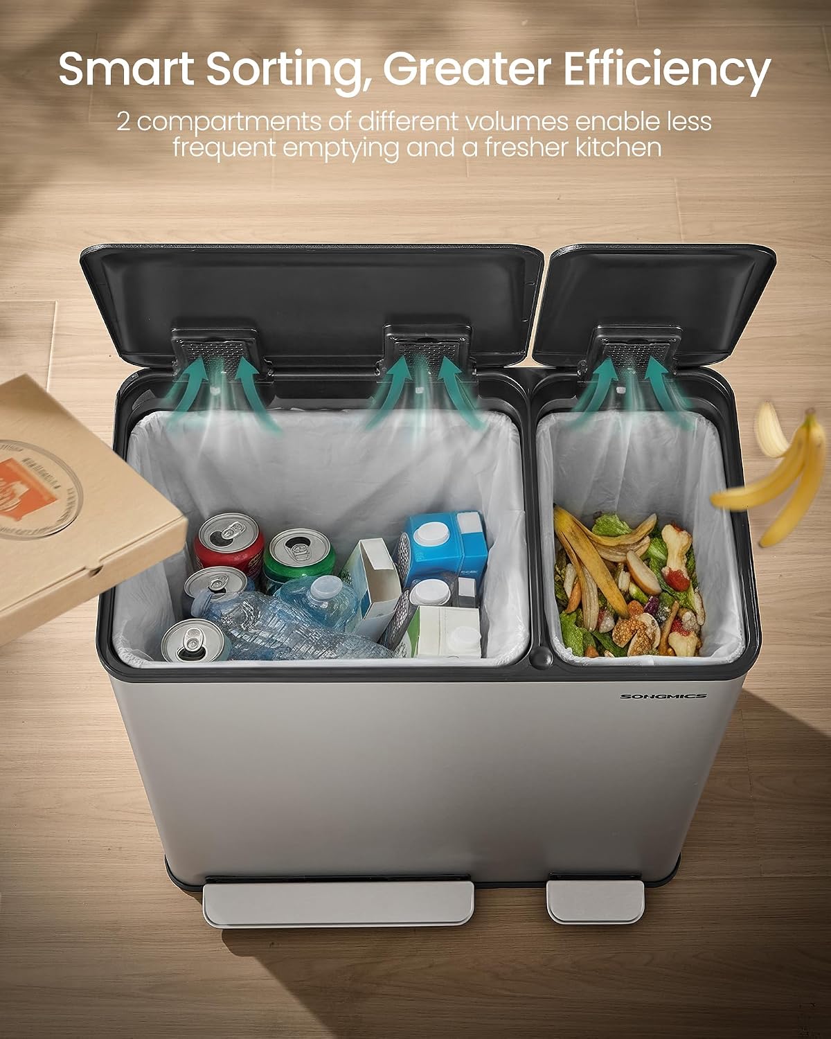 SONGMICS Trash Can, 13 + 6 Gallon Dual-Compartment, Soft-Close Lid