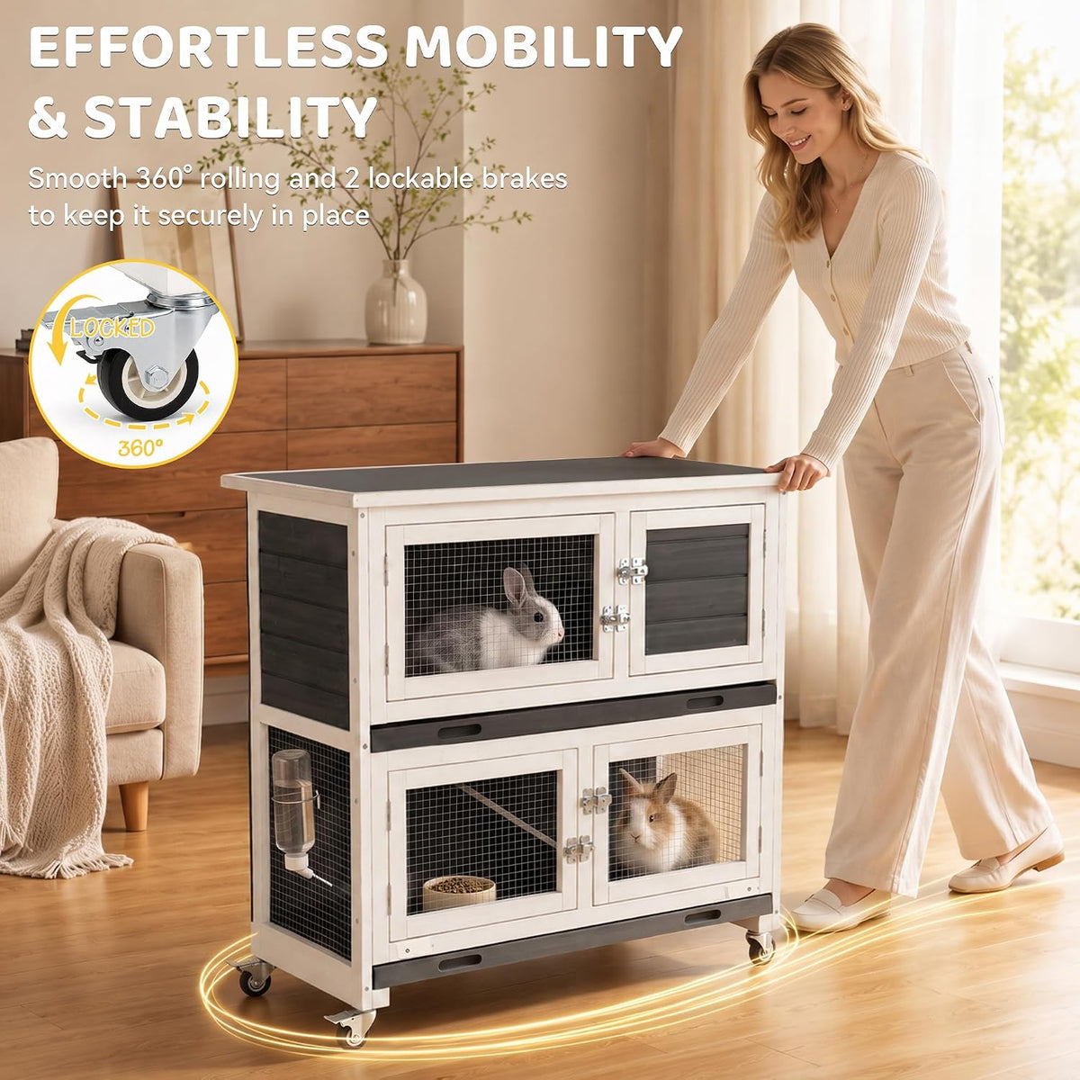 2-Story Indoor Rabbit Hutch with Flat-Top Metal Roof, Wheels & Dual Trays
