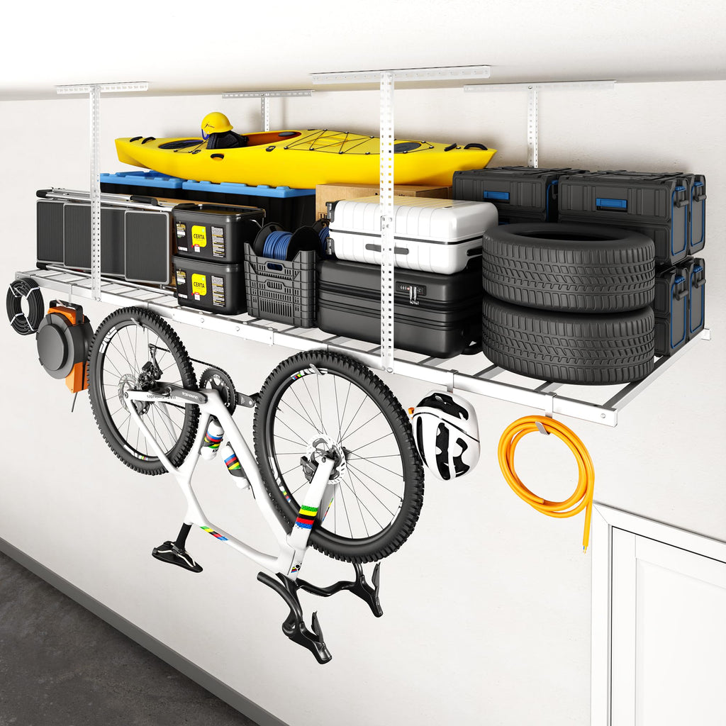FLEXIMOUNTS 4x8 Overhead Garage Ceiling Storage Rack with 6 Hooks, Black