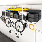 FLEXIMOUNTS 4x8 Overhead Garage Ceiling Storage Rack with 6 Hooks, Black
