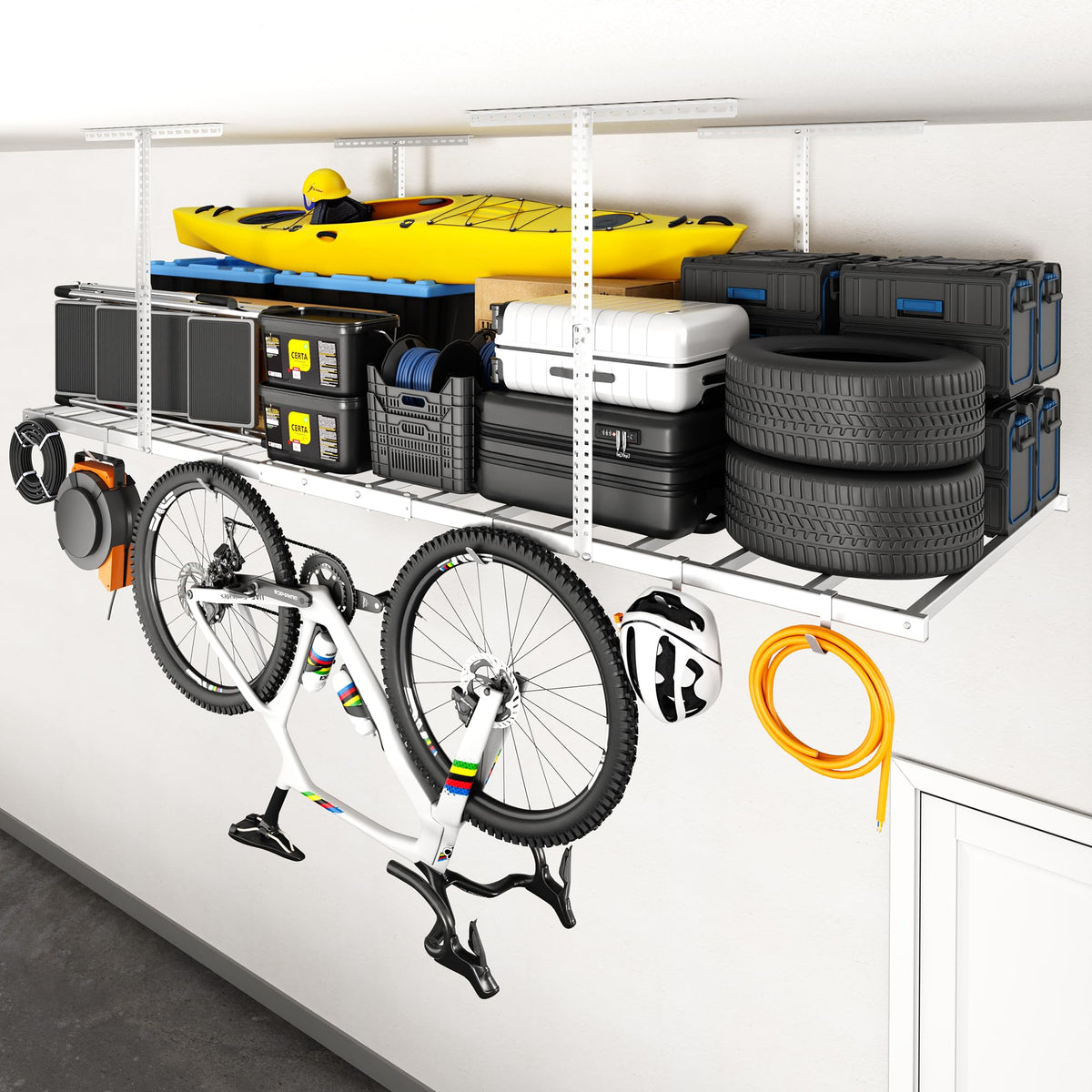 FLEXIMOUNTS 4x8 Overhead Garage Ceiling Storage Rack with 6 Hooks, Black