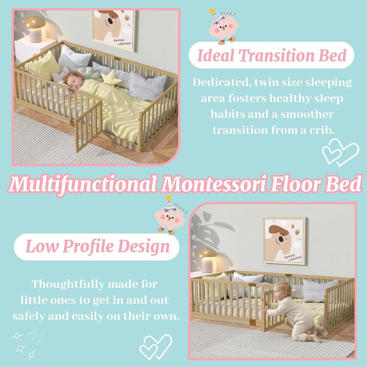 Twin Montessori Floor Bed with High Rails, Door & Slats for Kids, Natural