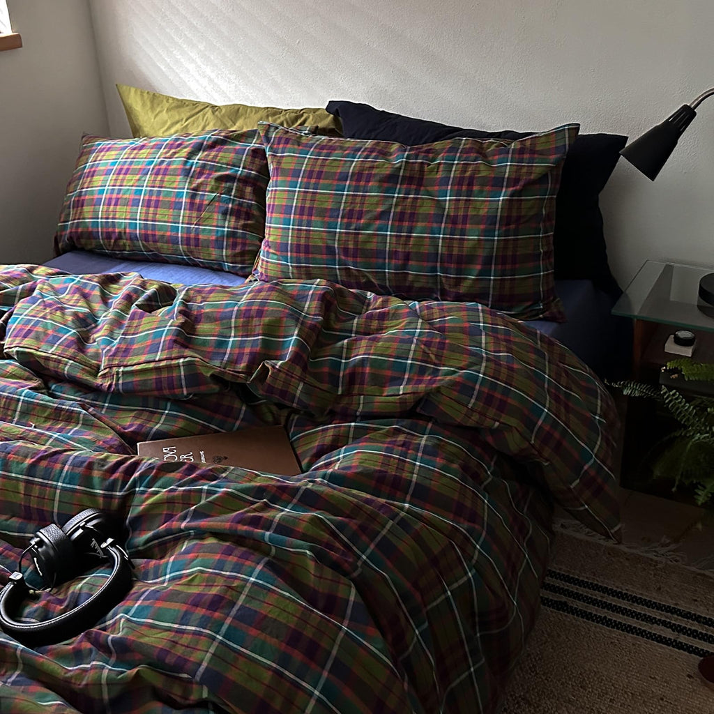 Plaid Duvet Cover Set Washed Cotton,Queen(90"x90"),Multicolor Gingham