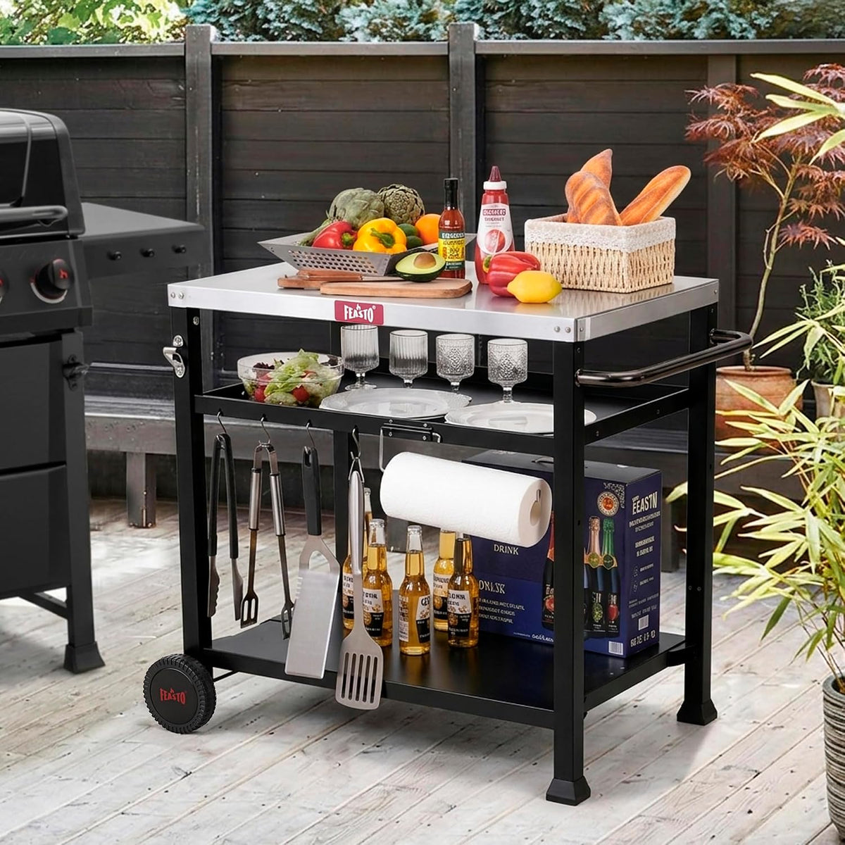 Feasto 3-Shelf Pizza Oven Table, Outdoor Grill Cart, 33.5" x 21.7", Black