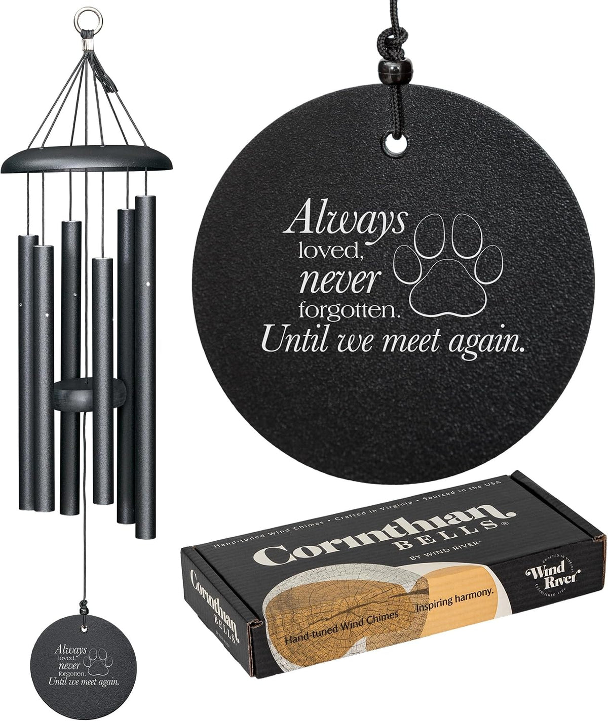 Corinthian Bells 27" Pet Memorial Wind Chime – Black – “Always Loved, Never Forgotten” with Engraved Pawprint – Soothing Sympathy Gift for Dog or Cat Loss & Remembrance