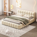 Grounded Bed Upholstered Platform Bed with Unique Design Thick Fabric Headboard, Wood Platform Bed Frame for Kids Adults Bedroom Furniture, Upholstered Floor Bed (Beige-1, King)