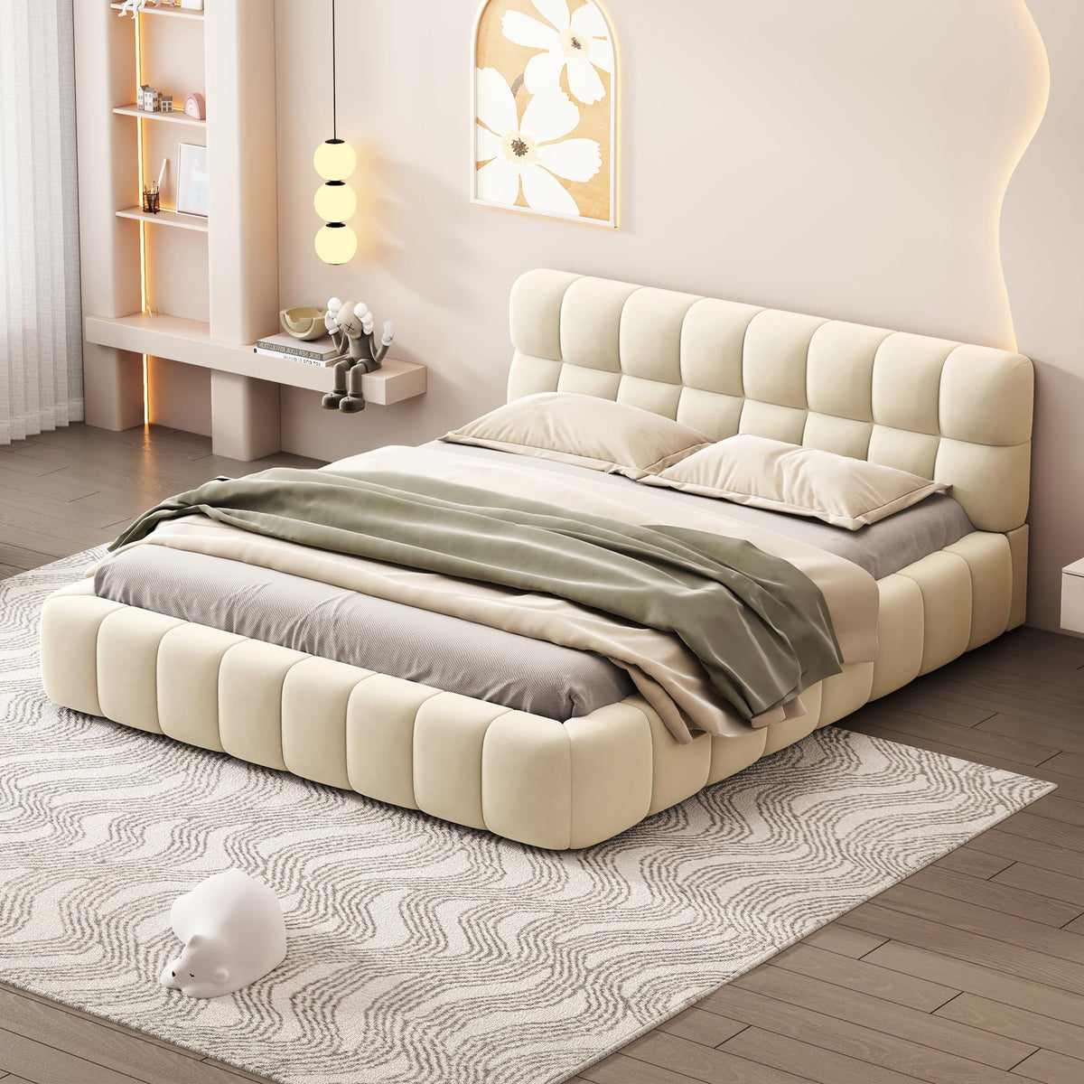 Grounded Bed Upholstered Platform Bed with Unique Design Thick Fabric Headboard, Wood Platform Bed Frame for Kids Adults Bedroom Furniture, Upholstered Floor Bed (Beige-1, King)