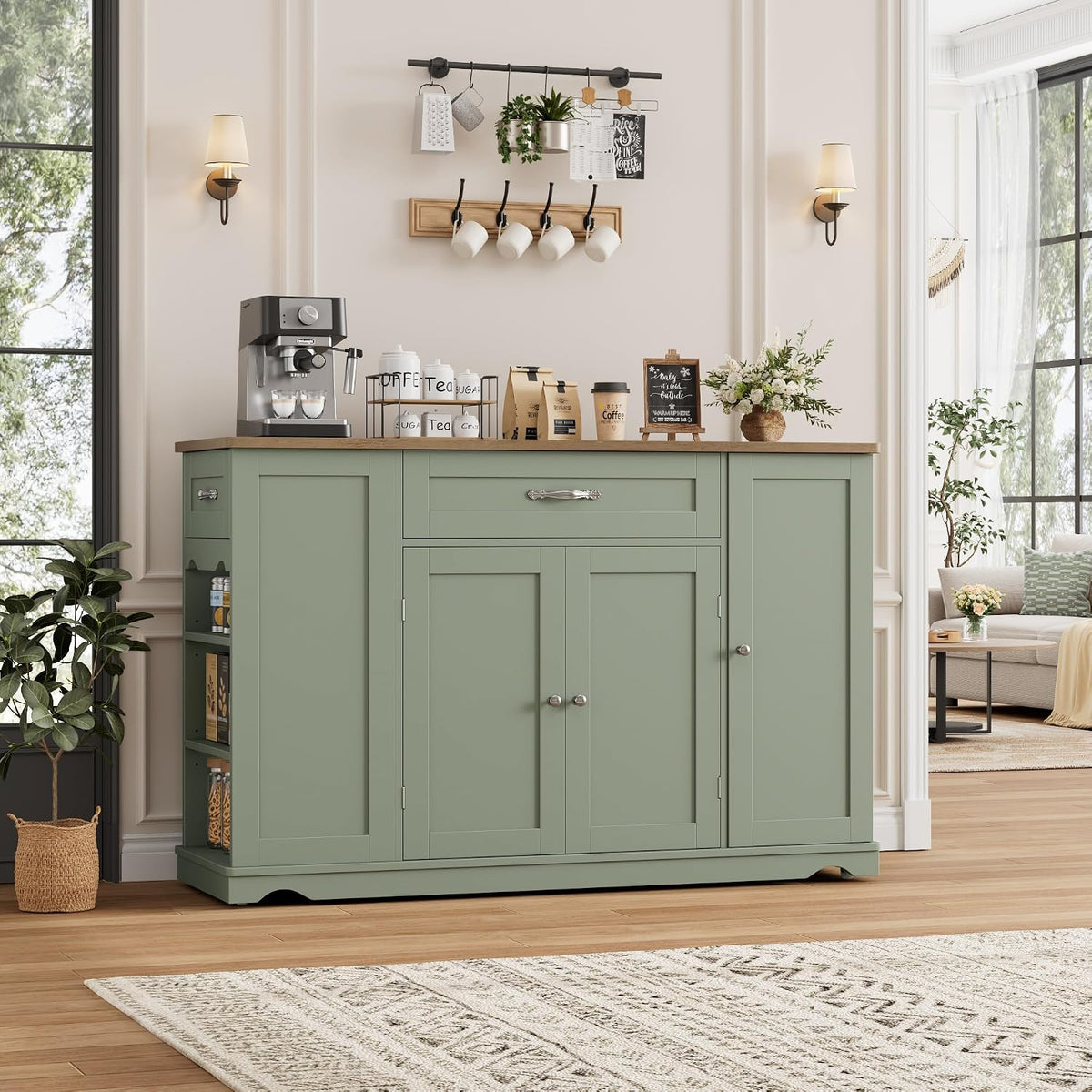 HOSTACK 47" W Kitchen Island Cart with Storage, Rolling Island Table, Green