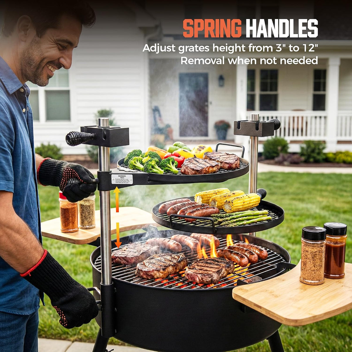 BIG HORN Santa Maria Grill, Portable Argentinian Parrilla with Adjustable Height & 360° Rotating Grates, Charcoal Open Fire BBQ Grill with Rotisserie for Camping, Patio & Backyard