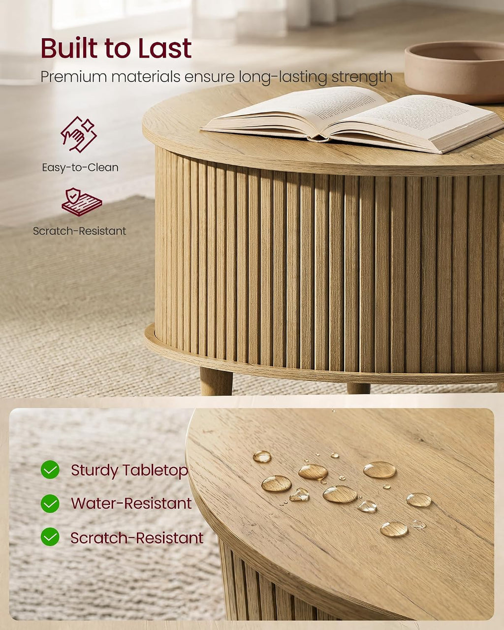 VASAGLE Round Coffee Table, Lift Top Coffee Table with Tambour Sliding Door