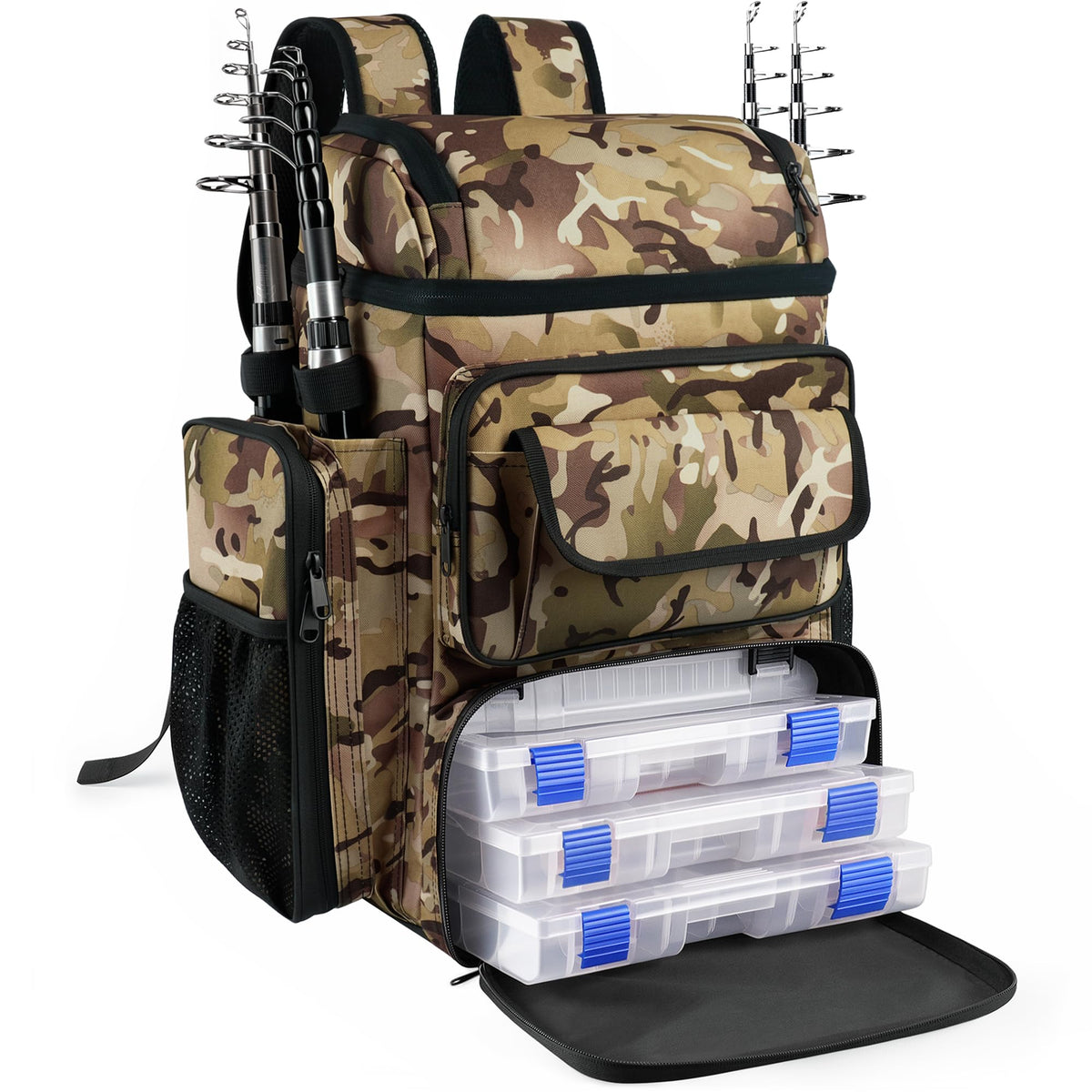 Fishing Tackle Backpack With Rod Holders,45L Large Tackle Bag & Fishing Tackle Backpack for Fishing,Camping, Hiking,Camouflage Blue
