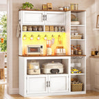 Itaar 35.4 inch Bakers Rack with Power Outlet and Storage, Farmhouse Coffee Bar Cabinet, Microwave Stand Kitchen Cabinet with Hutch, LED Lights, Wine Glass Holder and 8 Hooks，White
