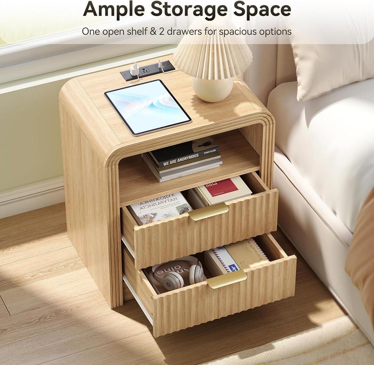 Decofy Fluted Nightstand Set of 2 with Charging Station, 2 Drawers, Oak