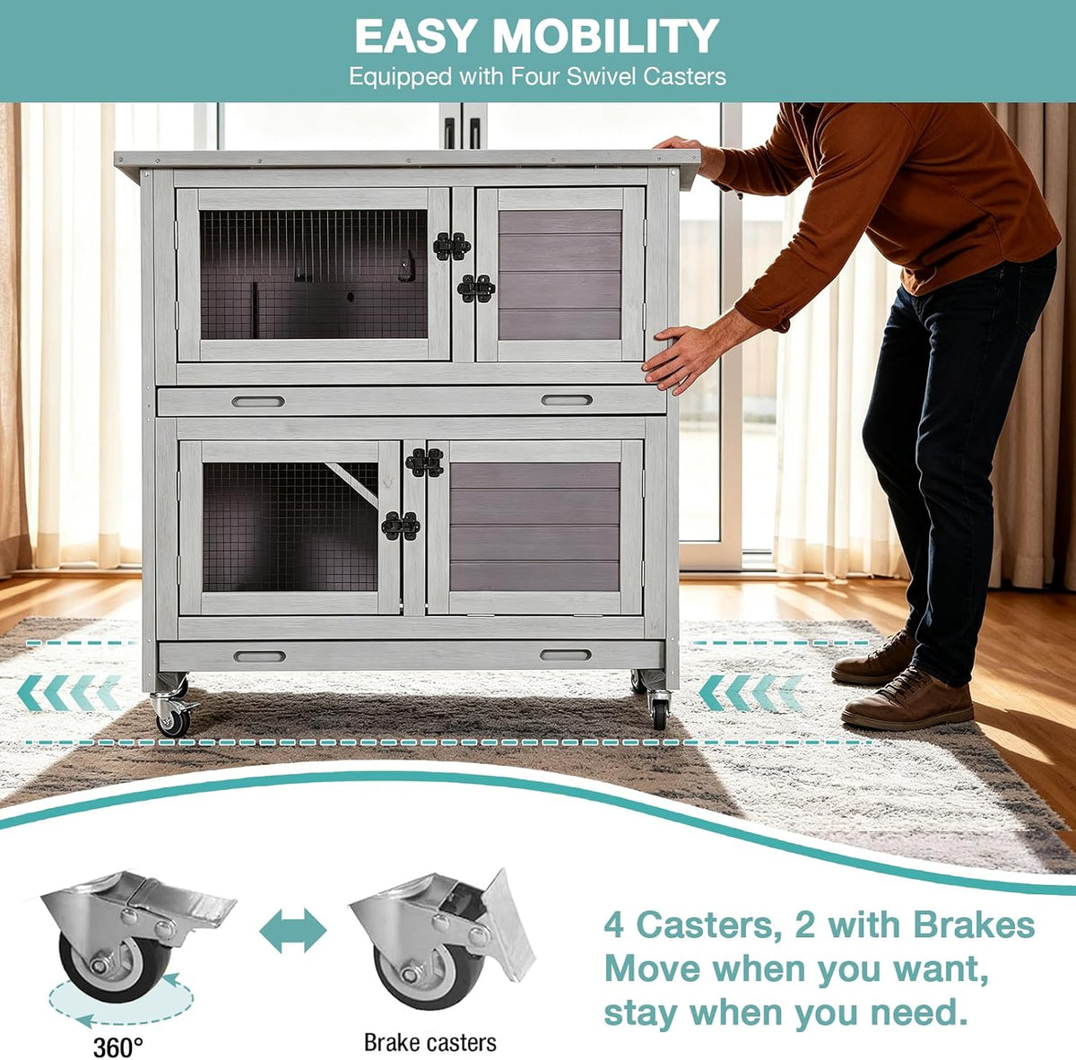 Suumerpety 2-Story Wooden Rabbit Hutch with Chew-Proof Ramp, Dual Leak-Proof Pull-Out Trays & 4 Lockable Wheels, Indoor Outdoor Bunny Cage for Rabbits & Guinea Pigs (Grey)