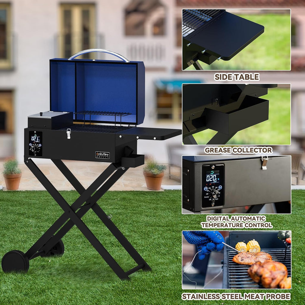 ONLYFIRE GRILLS BBQ Wood Pellet Grill Smoker with Foldable Cart, Blue GS342