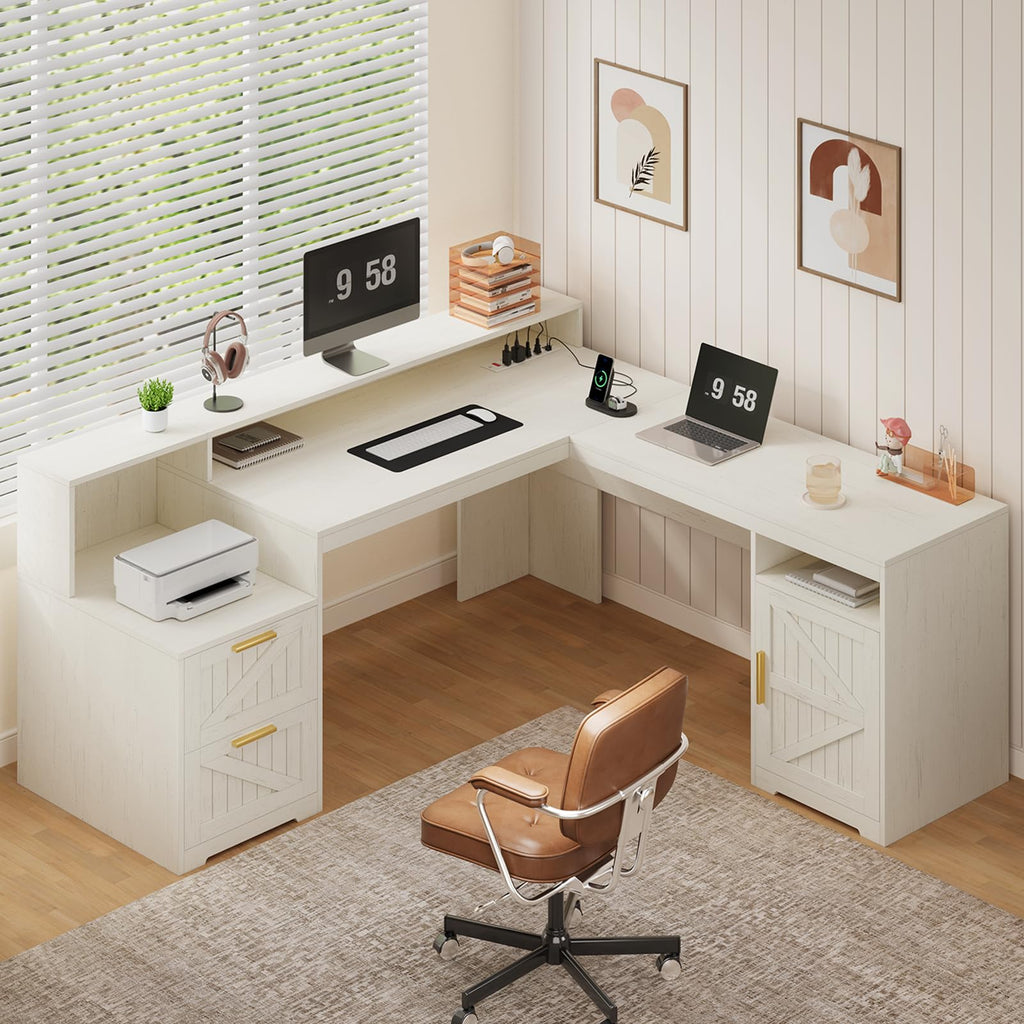63" Farmhouse L Shaped Desk with Drawers & Printer Shelf for Home Office