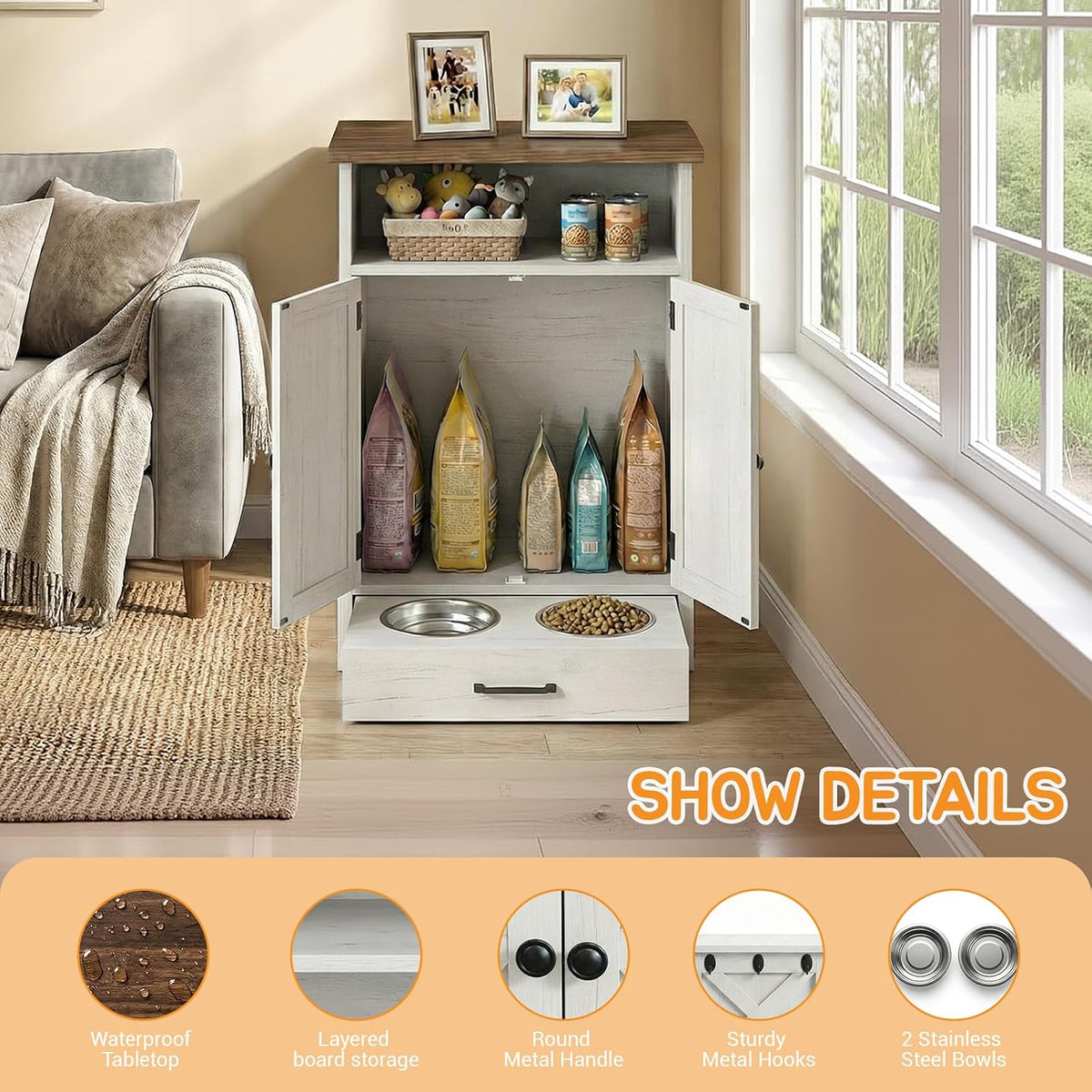 Dog Feeding Station with Storage Cabinet, Raised 2 Elevated Dog Bowls with Hidden Drawer, Pet Feeding Station with Storage, Dog Food Storage Cabinet with 3 Side Hooks, Pet Storage Station
